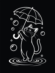 A charming black and white illustration depicts a cat playfully holding an umbrella amidst floating bubbles and ripples high-quality professional.