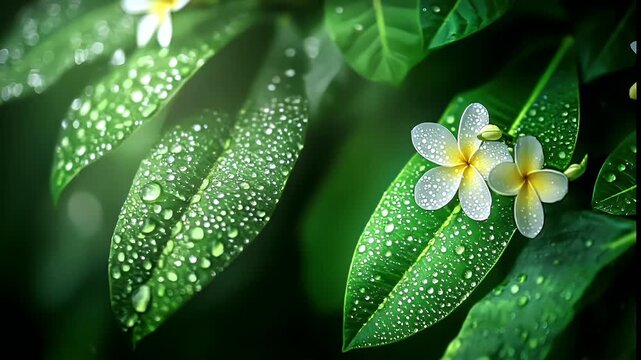 A closeup of a white and yellow flower with water droplets on it, set against a backdrop of green leaves with dewdrops. The flower is in full bloom.