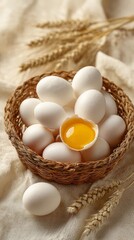 Fresh White Eggs in a Basket on a Natural Cloth Background