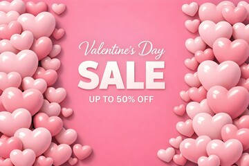 Pink hearts decorate a vibrant advertisement promoting a special fifty percent off Valentine's Day retail sale event