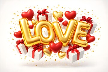 Golden metallic balloon letters spelling love are surrounded by red and gold hearts and gift boxes with confetti.