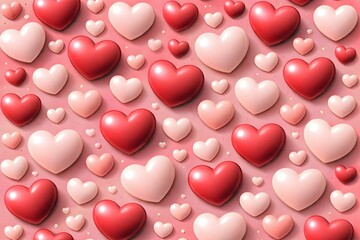 Seamless pattern featuring a vibrant array of glossy red and soft pink three dimensional hearts scattered across a pink background
