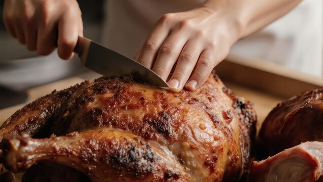 Chef Carving a Delicious Roasted Turkey with a Sharp Knife on a Wooden Board.
