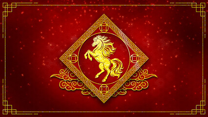 Chinese New Year horse zodiac illustration in luxurious red and gold style that symbolizes prosperity celebration and tradition with ornate frame and festive sparkling background.