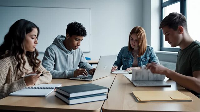 Group of students studying together in classroom with laptops and books on table
