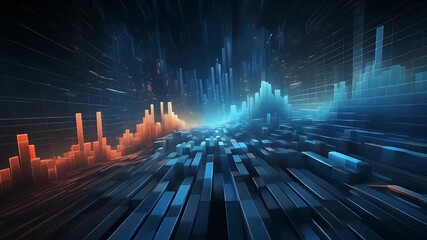 A digital rendering with glowing bars and lines. Orange and blue hues reflect light, creating a dynamic visual representation of abstract data - Powered by Adobe