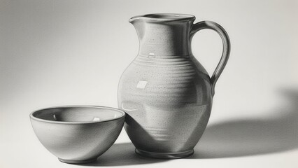 Charcoal still life drawing of a ceramic pitcher and bowl on a plain background