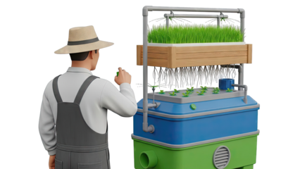 Farmer tending to a hydroponic system with wheatgrass and seedlings