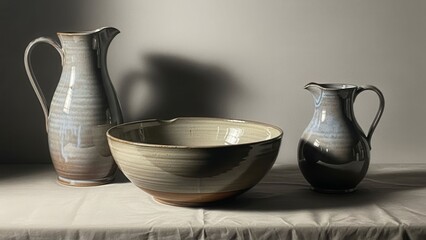 Ceramic pottery still life: large jug, medium jug and bowl, artful lighting