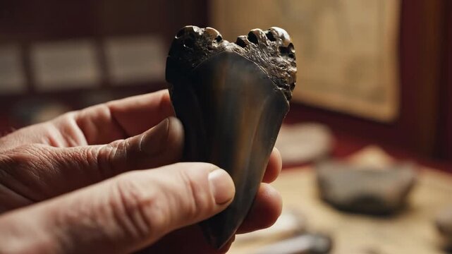 Megalodon Tooth Held in Hand - A man holds a fossilized megalodon tooth. The tooth is large and dark in color, with a rough, textured surface at the top.