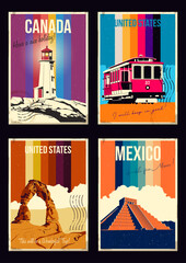 Canada Cape Mudge Lighthouse, USA Delicate Arch, Arches National Park, San Francisco Tram, Mexico Step Pyramid Tourist Attractions Postcards, Vector Templates Retro Style Greeting Card Set, 1970s - 19
