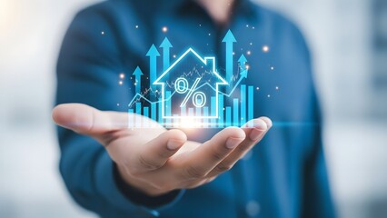 A person holding a glowing blue house with bar graphs and lines