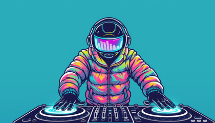 Vibrant DJ wearing futuristic helmet performing at music festival