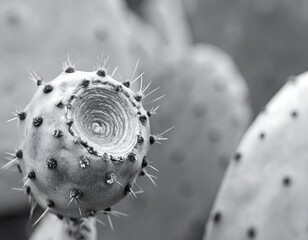 B/W close-up of cactus pad with spines, showing radial texture, blurred background of other pads