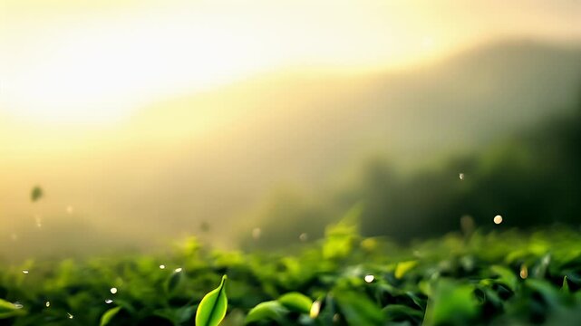 Tea industry. Tea leaves. Plantation. Culture. green leaves floating in the air with dewdrops on them.