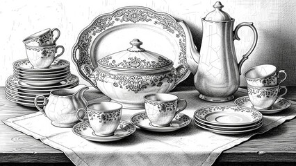 Elegant Vintage Tea Set Illustration: Porcelain Cups, Saucers, Teapot, and Platter