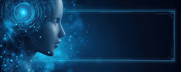 Ethical concepts in general artificial intelligence. A futuristic digital representation of a human-like head, showcasing advanced technology with glowing elements and a dark background.