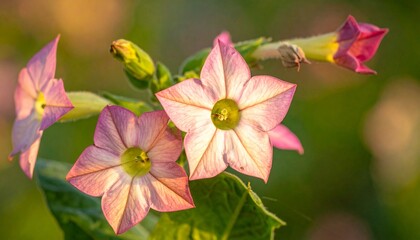 Delicate pink and white star-shaped flowers bloom in soft sunlight, showcasing nature's gentle beauty.