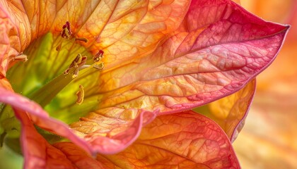 Vibrant close-up of a blooming flower with delicate textured petals in warm sunset hues.