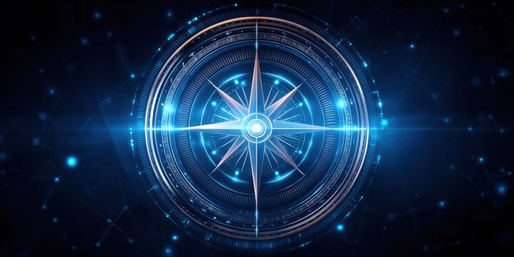 Ethical concepts. A futuristic compass design with a glowing blue center, surrounded by intricate patterns and a dark background, evoking a sense of navigation and exploration.