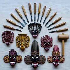 Flat lay of Sri Lankan mask carving tools and finished masks representing traditional craftsmanship.