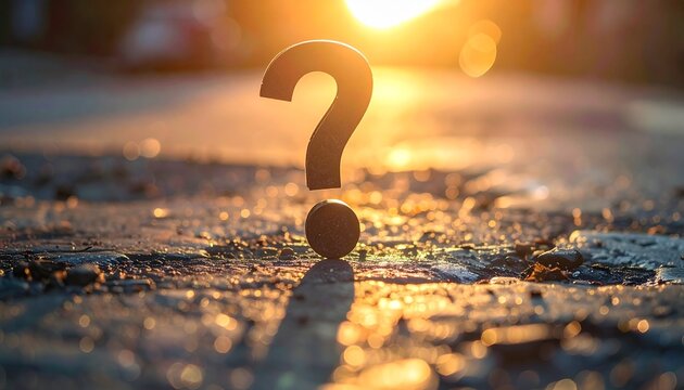 A solitary question mark casts a long shadow on a textured surface in the warm glow of sunset.