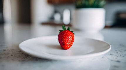 A single, perfectly ripe red strawberry presented on a clean white plate, inviting a taste of freshness.