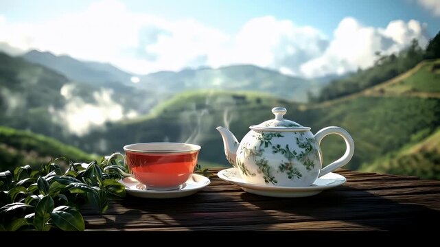 Tea industry. Tea leaves. Plantation. Culture. A vivid, highresolution digital artwork depicting a serene, mountainous landscape with a teapot and a cup of tea set on a wooden table.