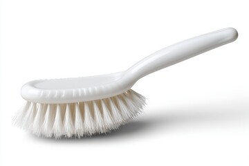 A close-up of a white cleaning brush with soft bristles, perfect for household chores and maintaining cleanliness.