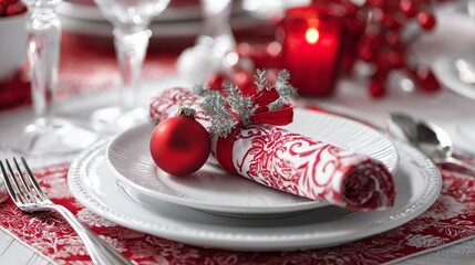 Elegant Christmas table setting with white porcelain, red ornaments, and festive napkin fold creating a sophisticated holiday dining atmosphere