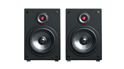 Pair of black computer speakers with red lights on transparent background