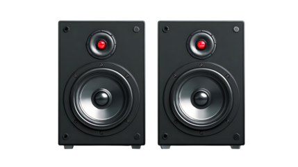 Pair of black computer speakers with red lights on transparent background