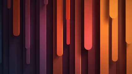 Abstract 3D geometric background with vertical rounded strips and vibrant warm gradient colors moving from deep purple to bright orange. Minimalist modern design.