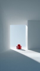 A vibrant red gift box sits alone in a minimalistic white room, illuminated by a soft beam of light pouring through an open doorway, creating a serene atmosphere.