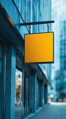A vibrant yellow sign hangs from a modern building, capturing attention with its bold color and minimalistic design against a blurred urban backdrop of glass and steel.