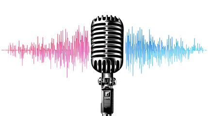 Vintage Microphone with Pink and Blue Sound Waves on Transparent Background