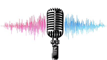 Vintage Microphone with Pink and Blue Sound Waves on Transparent Background