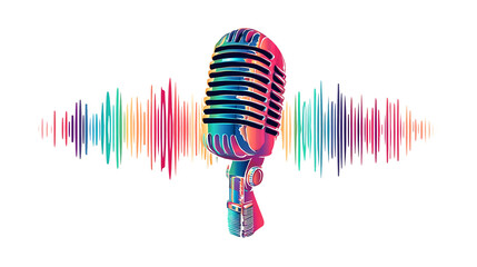 Colorful vintage microphone with sound wave on transparent background