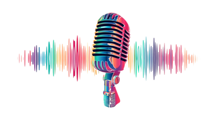 Colorful vintage microphone with sound wave on transparent background