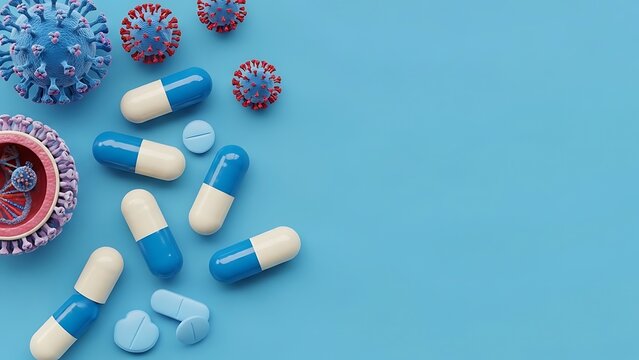 Pil dan virus dengan latar belakang biru untuk konsep perawatan kesehatan