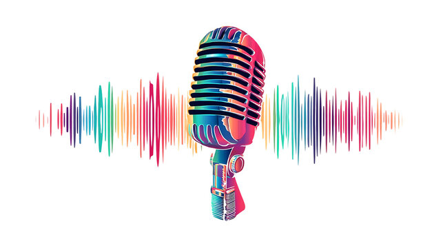 Colorful vintage microphone with sound wave on transparent background