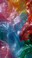 Colorful plastic sheets intertwined in a vibrant arrangement, showcasing a mesmerizing blend of textures and hues, creating an eye-catching abstract composition suitable for various uses.