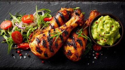 Sizzling grilled chicken drumsticks with charred skin, served on slate with fresh salad greens, cherry tomatoes, and creamy guacamole dip