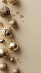 Elegant golden Christmas ornaments gracefully scattered on a soft beige background, perfect for holiday-themed designs and seasonal decor inspiration throughout the festive season.