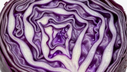 Obraz premium Close up cross section view of a vibrant purple cabbage revealing its layered structure and intricate patterns