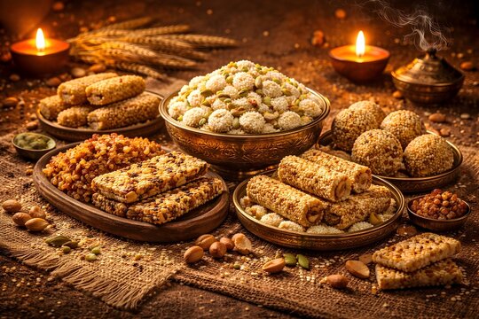 Traditional Lohri Sweets and Rewri Display with Bonfire Glow,Lohri Festival Harvest Sweets Arrangement in Rustic Style,Generative ai