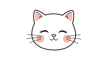 Fototapeta premium Close-up face of a cute white cat with pink ears and cheeks smiling happily on a plain white background for pet themes.