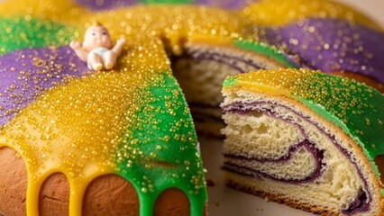 Classic royal cake with colorful frosting in Mardi Gras colors, cinnamon filling, and festive sprinkles. AI generated.