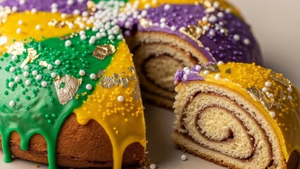 Classic royal cake with colorful frosting in Mardi Gras colors, cinnamon filling, and festive sprinkles. AI generated.