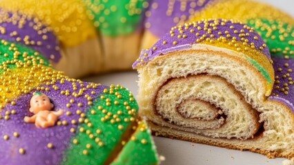 Classic royal cake with colorful frosting in Mardi Gras colors, cinnamon filling, and festive sprinkles. AI generated.